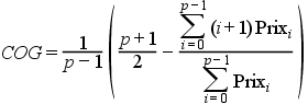 COG = ( 1 / (n - 1) ) * ( (n + 1) / 2 - (Sum for i=0..n-1 of (i + 1) * Price(i)) / (Sum for i=0..n-1 of Price(i)) )